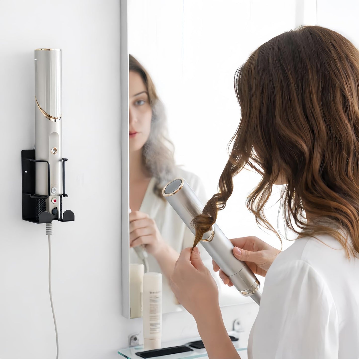 Hair Dryer Holder Wall Mounted, Stainless Steel Blow Dryer Holder for Bathroom, Hair Dryer and Straightener Holder Adhesive or Drilling, Hair Tool Organizer for Salon Barber Shops Banjekt