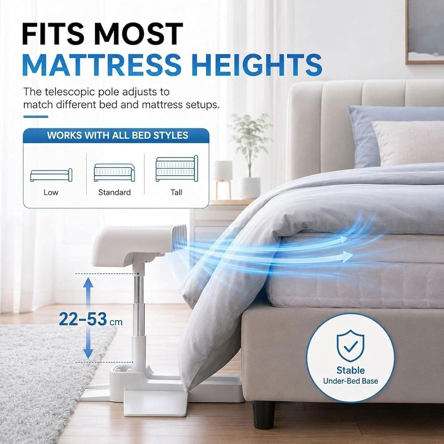 Under Sheet Bed Cooling System with Remote Control for Cooling Sleep | Bed Cooling Fan,5 Adjustable Fan Speed,22-53cm Adjustable Height,for Hot Sleepers Night Sweats Relief