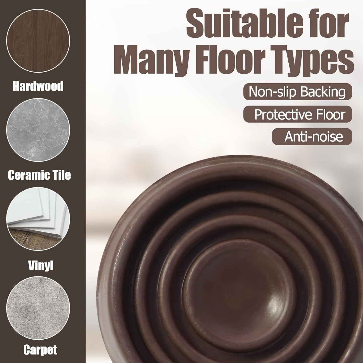 4 Pack 1.5 Inch Round Rubber Caster Cups Floor Protector Brown | Dense Rubber Anti-Slip Firm Grip, Floor Protection From Scratches, Slide-In No Tools Needed, Blends With Wood Metal Finishes