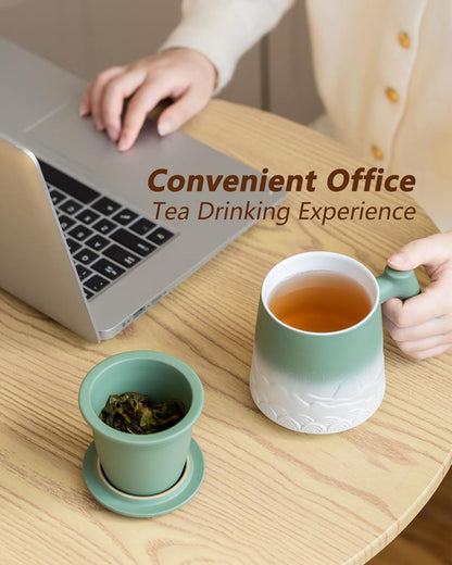 ZENS Tea Mug with Infuser and Lid for Loose Leaf Tea Steeper, 16.9oz Moss | Embossed Ceramic Tea Cup with Infuser for Herbal Tea Difussers, Tea Lovers Gifts, Nature Wood Handle