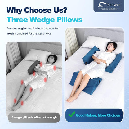 Fanwer Positioning Wedge Pillow for Side Sleeping (3 in 1), 40 Degree Triangle Bed Wedges & Body Positioners for Back Pain, Preventing Bedsores, After Surgery, Knees Elevated, Pregnancy