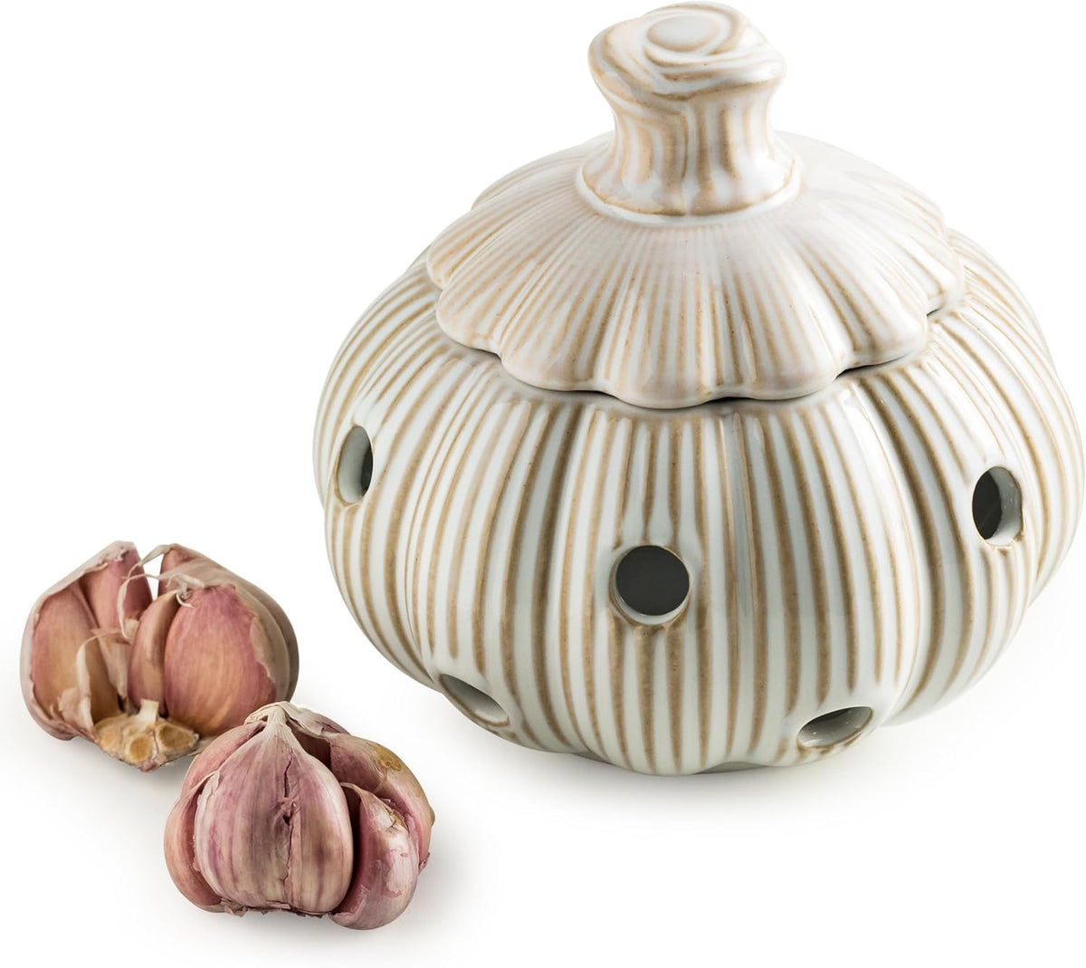 Ceramic Garlic Keeper for Counter, Large Garlic Storage with Lid
