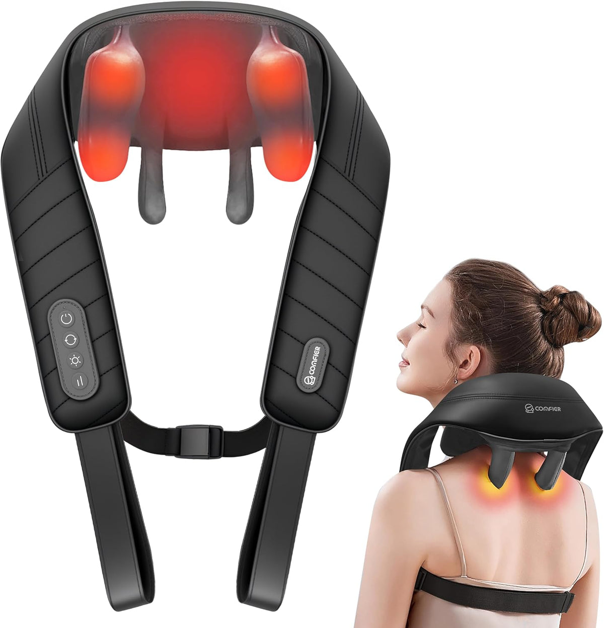 COMFIER Shiatsu Neck and Shoulder Massager with Heat,White Elephant Gifts for Adults,4D Deep Kneading Massage Pillow with Heat, Back Massager, Pillow Massage,Jet Black