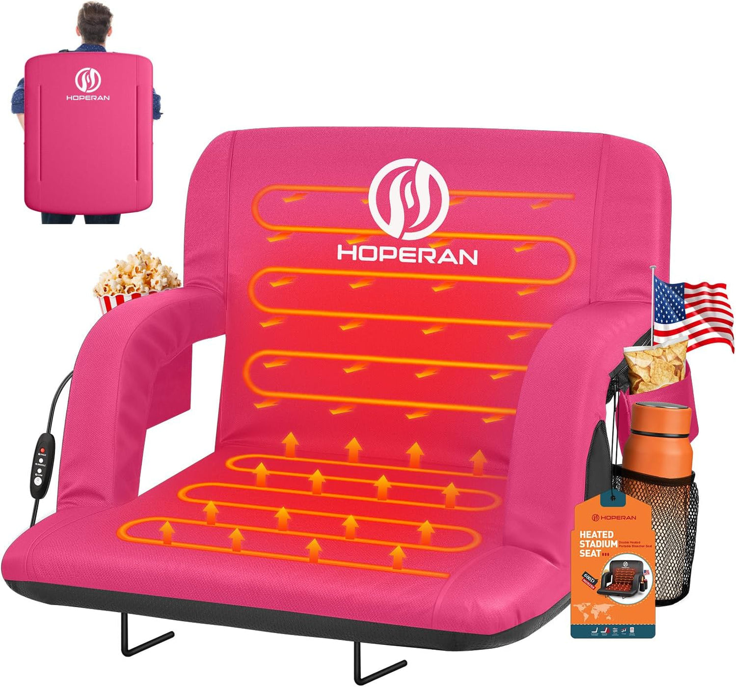 HOPERAN 21" Heated Stadium Seats for Bleachers with Back Support, Black 2PC | Seat & Back Heat Wired Control, 3 Heat Levels (NO Battery), Soft Cushion, 6 Recline, Anti-Slip, Side Pockets, Backpack Straps
