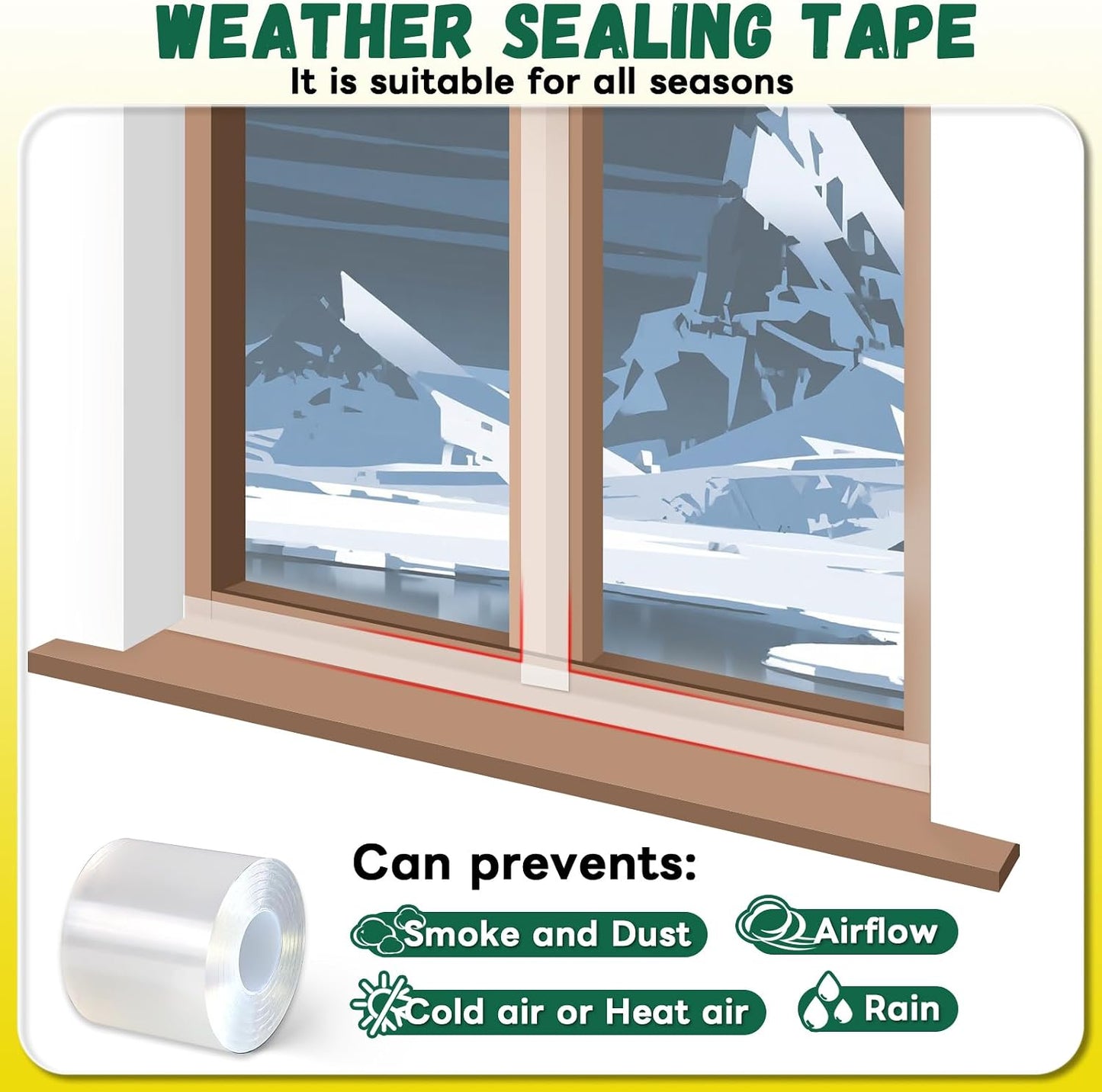 Window Sealing Tape, 20 Mil Thick Window AC Insulation Sealing Draft Tape | 3 inch X 33 FT, Blocker for Cold Heat Air, Waterproof Tape for Repair, Heavy Duty No Residue (Clear)