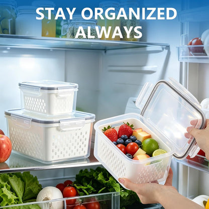 LoveBB 3 Pack Fruit Storage Containers for Fridge, Food Storage Containers with Removable Colander with Lid, Keep Fruits, Vegetables, Berry, Meat Fresh