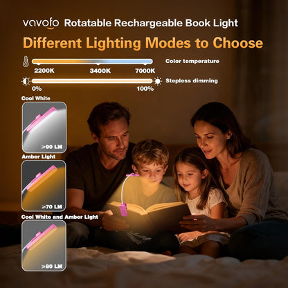 VAVOFO Rechargeable Book Light Rotatable：24 LEDs Reading Light, 3-Color & 9-Brightness Book Lamp, Eye Cared 120Hrs Runtime Lightweight Clip on Led Light for Book Lovers (Black)