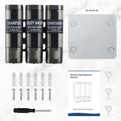 Shampoo and Conditioner Dispenser,GlintGath Shower Dispenser 2 Chamber No Drill Shampoo Dispenser for Shower Wall Mounted Shower Soap Dispenser for Bathroom Hotel,2 * 300ML,Matte Black