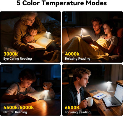 TechRise Book Light, Clip-on Reading Light for Books in Bed, Rechargeable Reading lamp, Eye-Caring with Timer, 5 Color Temps & 6 Brightness, 80+ Hrs, Perfect for Kids, Book Lovers, Black
