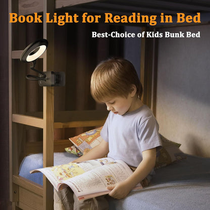 Rechargeable Clip Light, LED Bed Reading Lamp for Headboard & Desk | Strong Clamp, Portable, Cordless Battery Book Light w/ USB-C Cable, 25 Eye-Care Lighting Modes, Flexible Arm, Dorm Bunk Bed