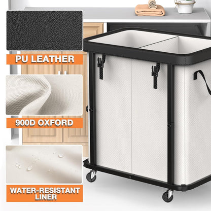 Laundry Hamper with Wheels,150L Leather Patchwork Clothes Hamper Black | Rolling Laundry Basket with Sturdy Metal Frame, Removable Washable Bag,Tall Clothes Sorter for Bedroom, Laundry Room, Dorm