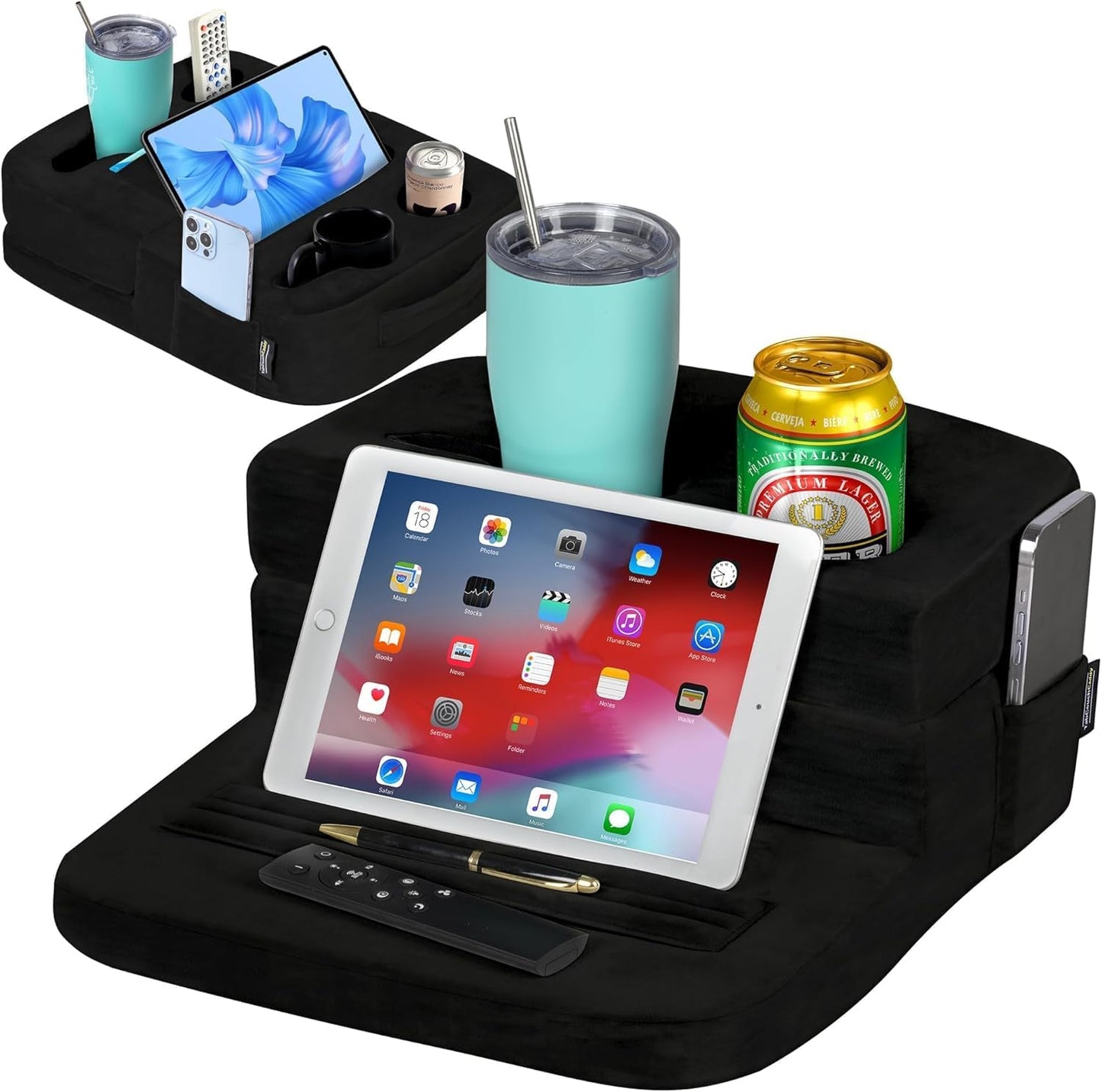 Couch Cup Holder Tray Pillow - Bed, Couch Caddy, Sofa, RV & Car - Holds Drinks, Snacks, Remotes, Phones, Kindle, Tablet | Bed Cup Holder (Grey)