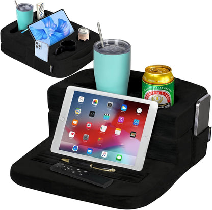 Couch Cup Holder Tray Pillow - Bed, Couch Caddy, Sofa, RV & Car - Holds Drinks, Snacks, Remotes, Phones, Kindle, Tablet | Bed Cup Holder (Grey)