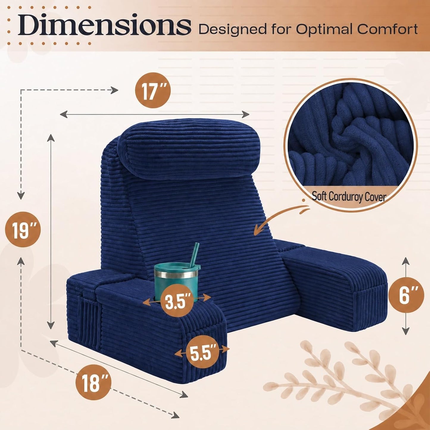 Reading Pillow/Backrest Pillow with Arms, Cup Holder & Phone Pocket | Bed Rest Pillow with Adjustable Headrest, Corduroy Fabric for Back Support in Bed/Sofa/Floor (Off-White, 19 INCH)