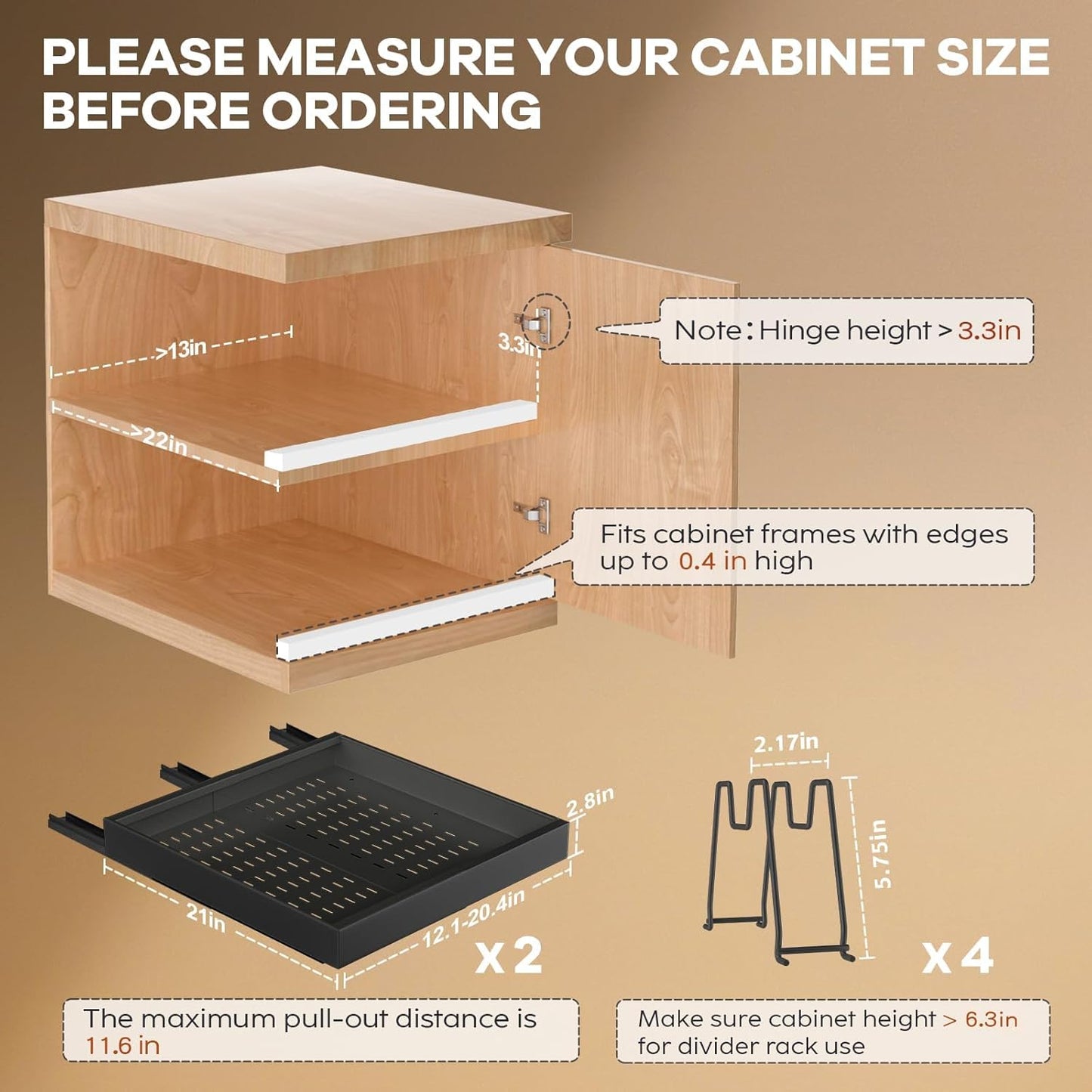 Seinloes 2Pack Pull out Cabinet Organizer 21"Deep with 4 Adjustable Dividers,Expandable（12.1"-20.4"W） Pots and Pans Organizer Under Cabinet with Raising Pad for Framed Cabinets,Slide out Drawers,White