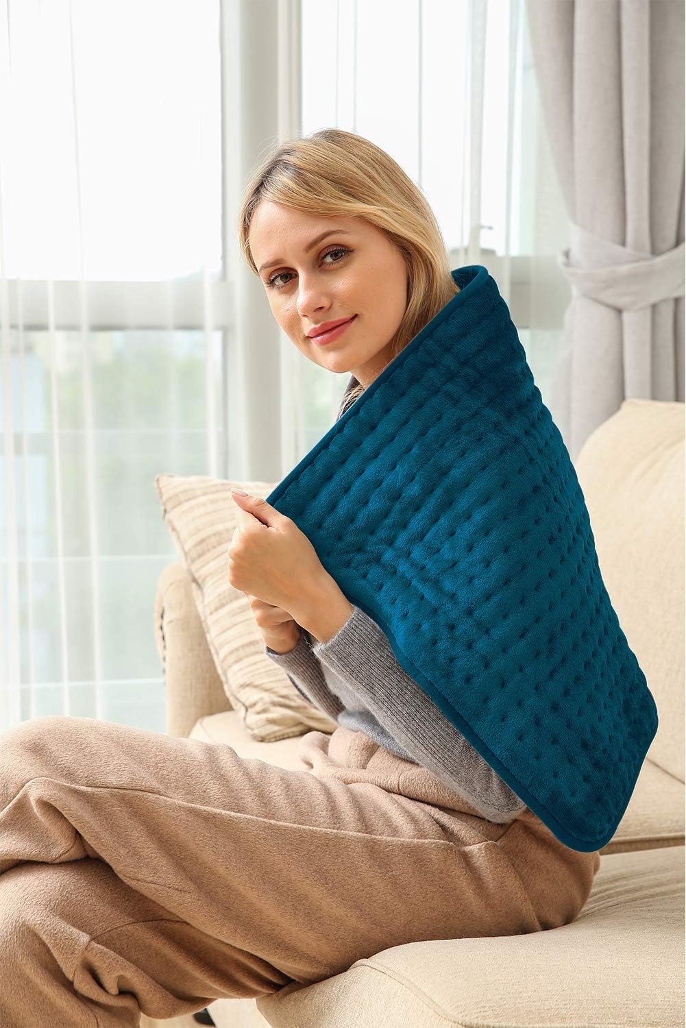 Ambershine 19''x24'' Weighted Neck & Shoulder Heating Pad, 2.5lbs with 12 Temperature Settings& 4 Auto-Off Timers, Pain Relief for Neck/Shoulder/Back(Gray&Blue)