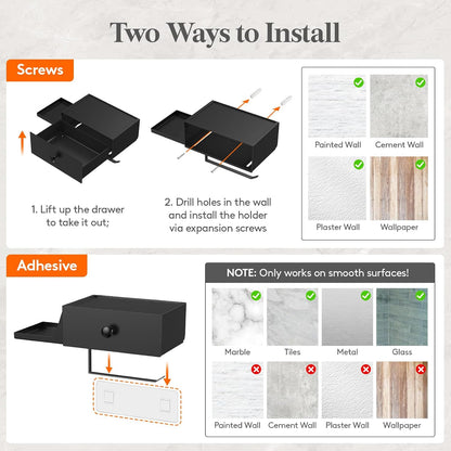 Lifewit Toilet Paper Holder Wall Mount with Shelf & Drawer, Black, 1 Pack | Screw or adhesive installation, sturdy bathroom tissue storage, holds wipes & small toiletries, bathroom accessory organizer