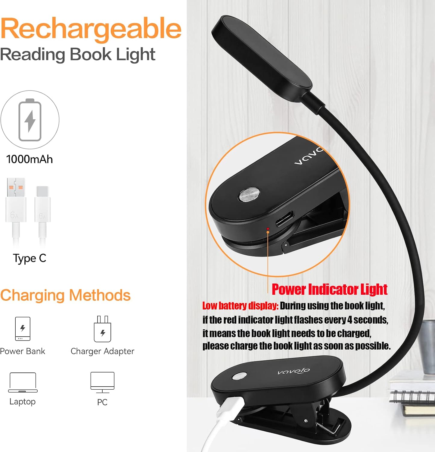 VAVOFO Rechargeable Book Light, 14 LEDs Eye Care Clip On Amber Reading Light for Bookworms Reading in Bed with 9 Colors 9 Brightness (Blue)