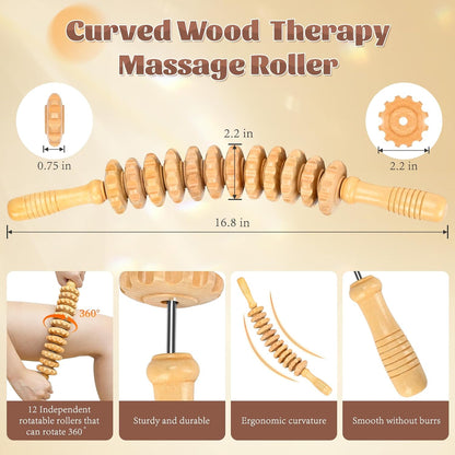 Curved Wood Therapy Massage Roller Tools,Wooden Lymphatic Drainage Massager,Cellulite Massage Tool & Muscle Roller Stick for Cellulite Reduction,Muscle Tension and Body Shaping