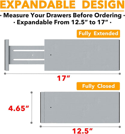 SpaceAid Bamboo 4 Pack Dresser Drawer Dividers, 4.65“ High Adjustable 12.5“-17” Drawer Organizers, Expandable Organization for Clothing, Clothes, Dressers, Black