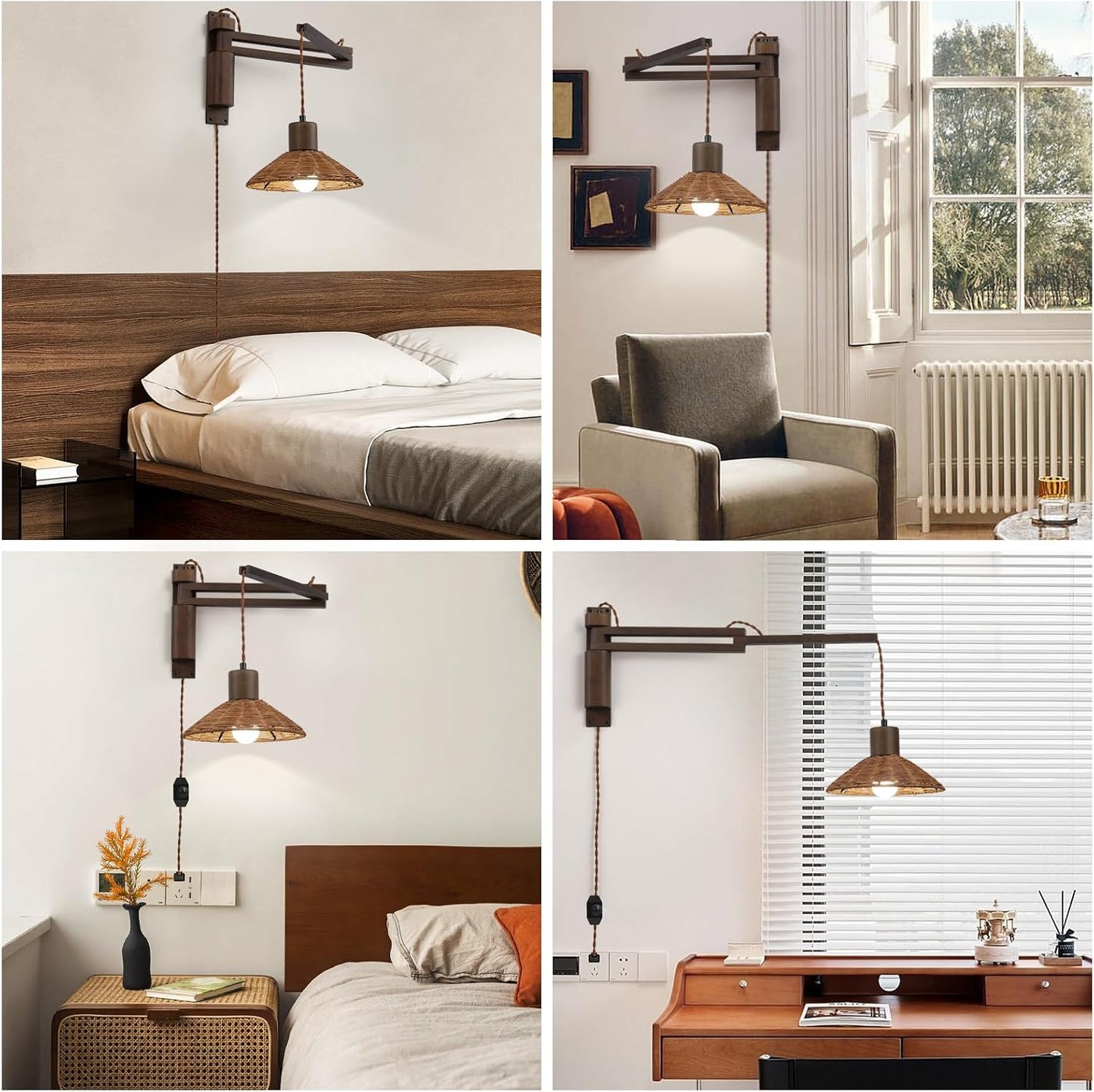 maesta Plug in Wall Lamp, Wood Swing Arm Wall Sconce for Bedroom | Swing Arm Wall Lamp, Natural Wood Finish with Corded Plug In Design, Dimmable Switch and Bulb Included for Bedroom Bedside