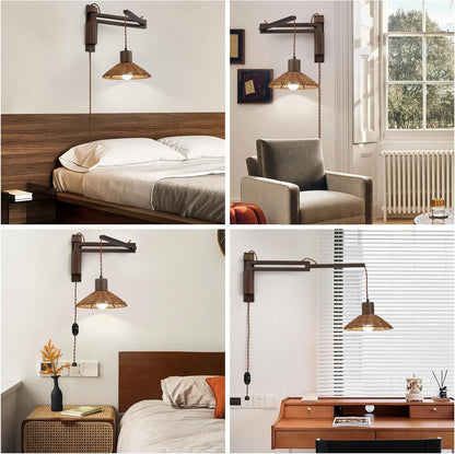 maesta Plug in Wall Lamp, Wood Swing Arm Wall Sconce for Bedroom | Swing Arm Wall Lamp, Natural Wood Finish with Corded Plug In Design, Dimmable Switch and Bulb Included for Bedroom Bedside