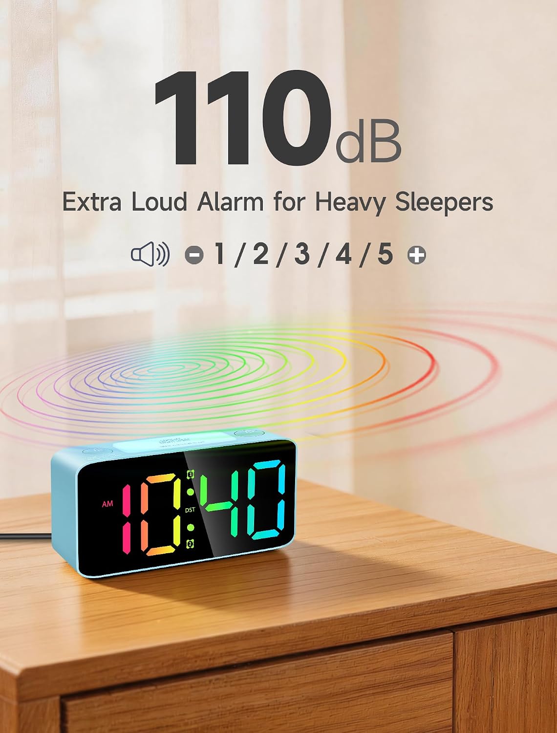 Cadmos 110dB Extra Loud Alarm Clock for Heavy Sleepers Adults, Digital Clock with 7 Color Night Light, RGB Display, Dual USB Charger, Small Clocks for Bedrooms, Kids, Teens (White+RGB)