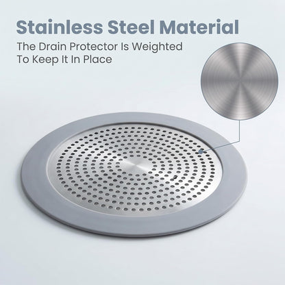 Flat Shower Drain Hair Catcher 5.7in Wide Round Hairs Stopper | Shower Drain Cover Sink Protector Filter for Showers Bathroom Pet Owners Homeowners Renters Stainless Steel & Silicone