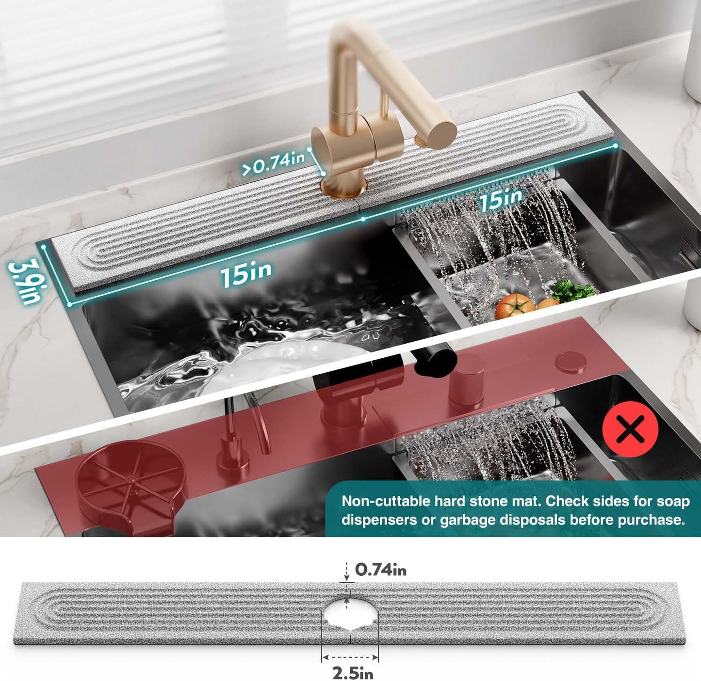 Stone Faucet Mat for Kitchen Sink – Diatomite Drying Stone Mat & Sink Protector, Prevents Moisture – Sink Splash Guard Water-Absorbing Stone Tray for Bathroom Counter (Light Grey, 20" x 3.9")