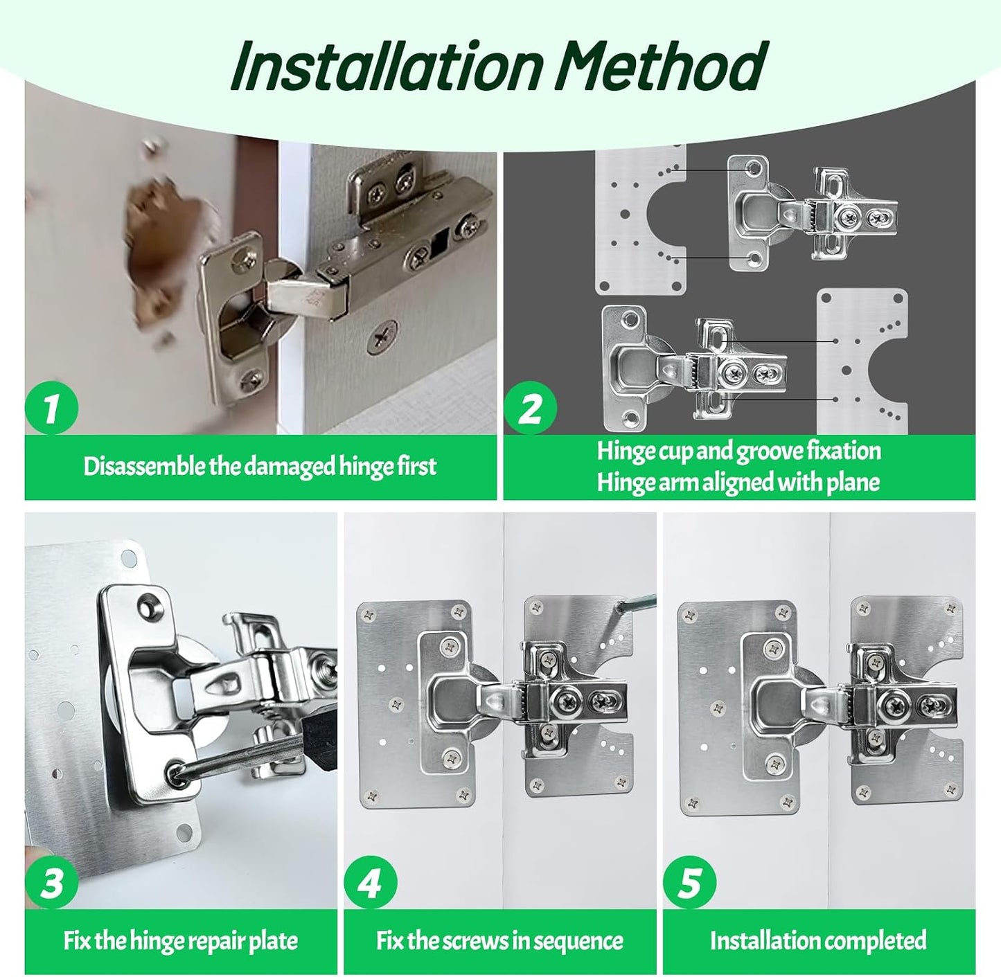 2 Pcs Cabinet Door Hinges, Cabinet Hinge Repair Plate Kit Fix Loose Sagging Cabinet Doors,Hinge Repair Plates for All Home Cabinets,Door Repair Kit Include(4 Repair Panels+2 Hinges+26 Screws) (1)