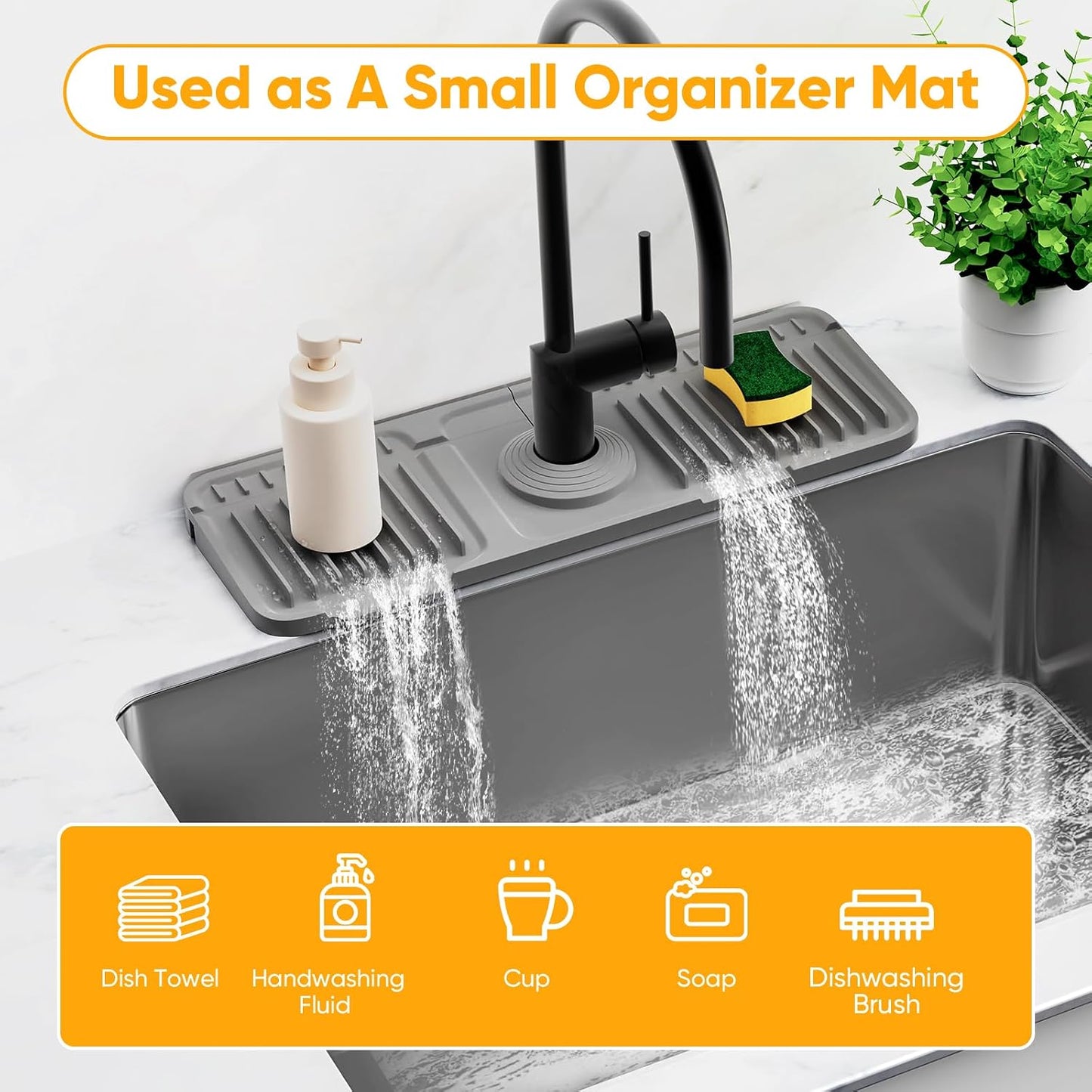 24'' Longer Faucet Mat for Kitchen Sink Splash Guard[7° Slope Fast Self-draining][Snap Lock Fit]Kitchen Sink Faucet Mat Splash Guard Kitchen Sink Area Water Splash Guard Behind Faucet Draining Mat
