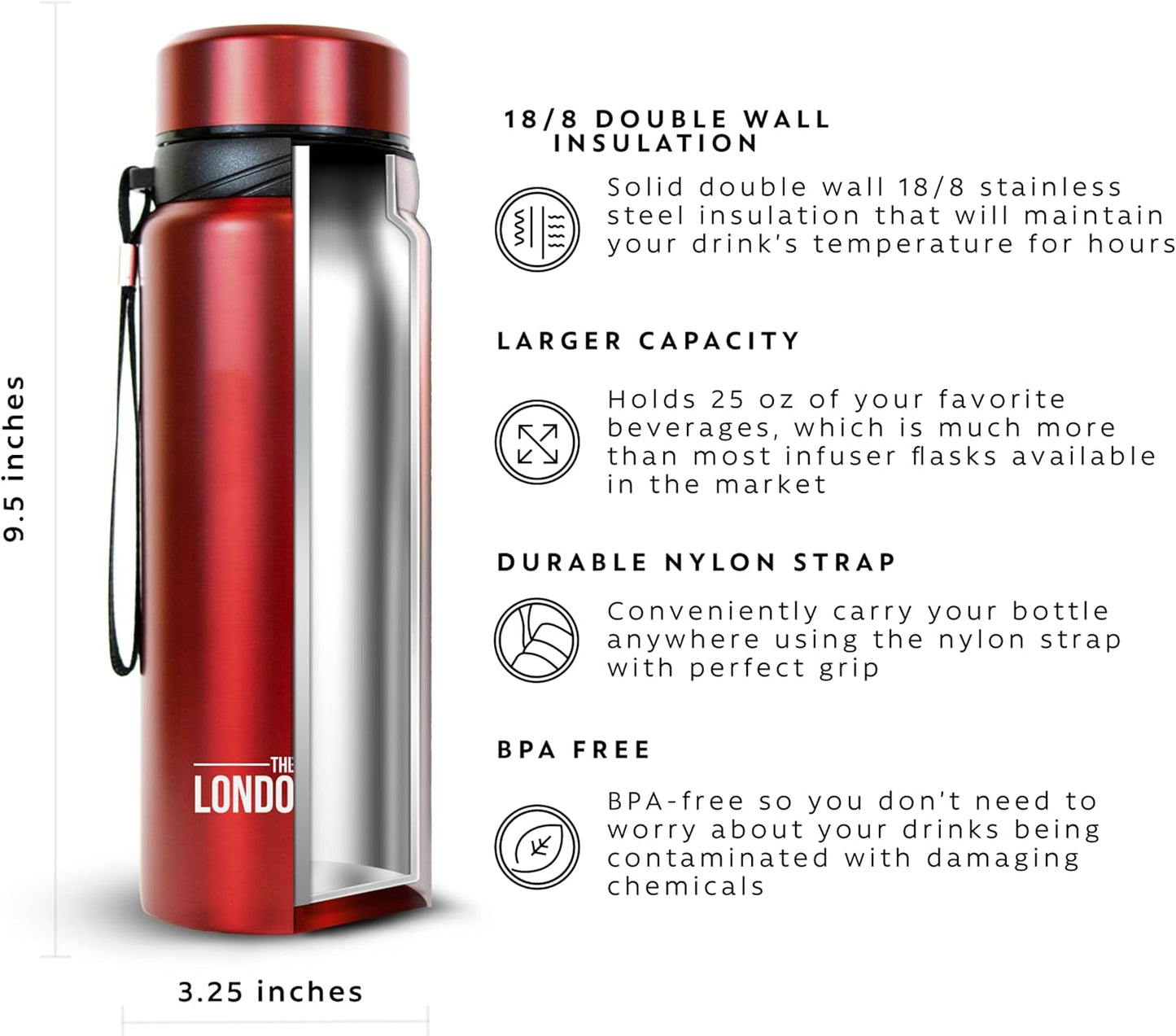 London Sip 25 oz Multi-Function Travel Mug and Tumbler Tea Infuser Water Bottle Fruit Infuser Flask Hot and Cold Double Wall Stainless Steel Coffee Thermos, Zen Black