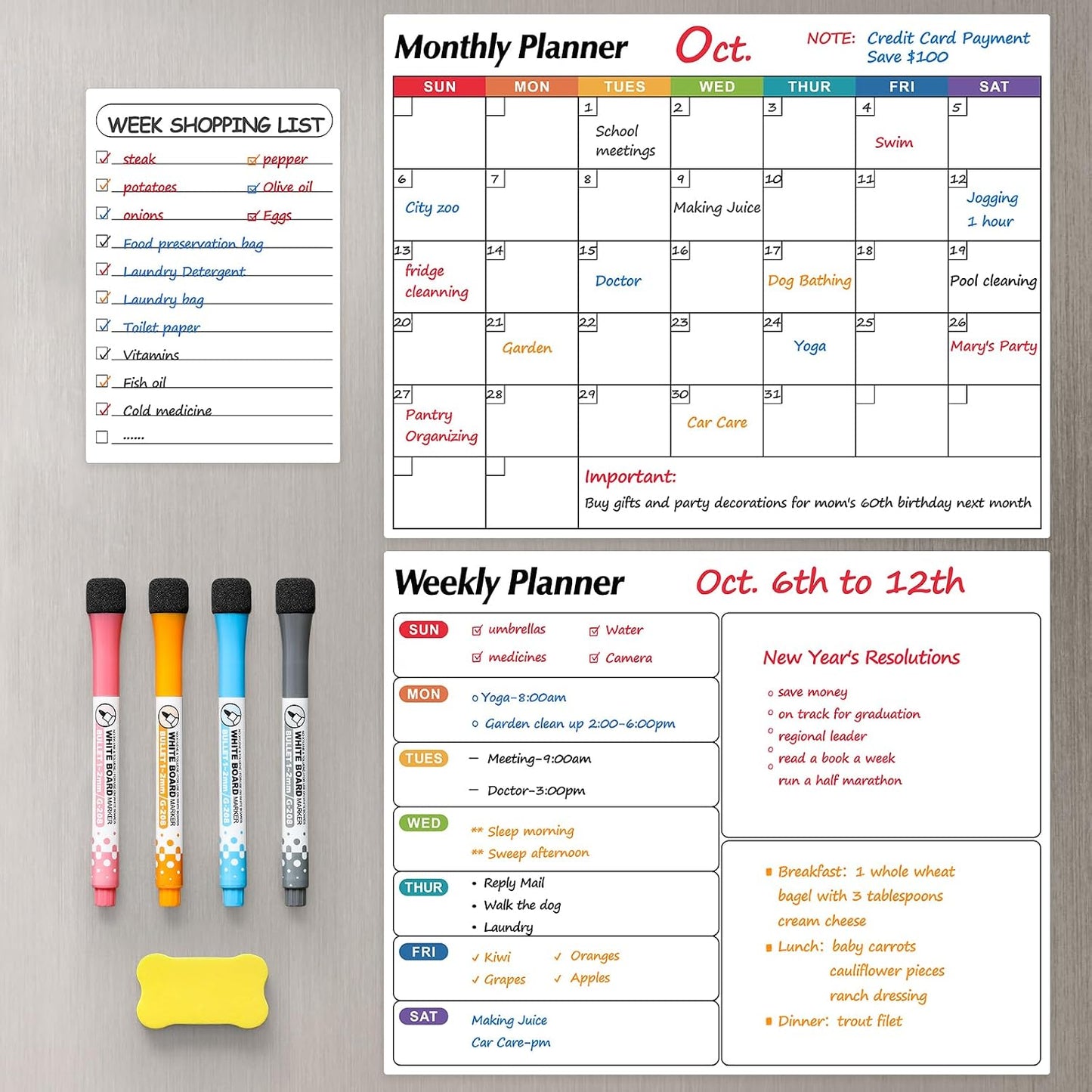 Dry Erase Magnetic Calendar for Refrigerator, 3 Pack- Monthly & Weekly & Daily Planner Magnet Whiteboard for Fridge Wall Door - Shopping, Meal/Menu, To Do List, Family Schedule Planning Board, 14"x11"