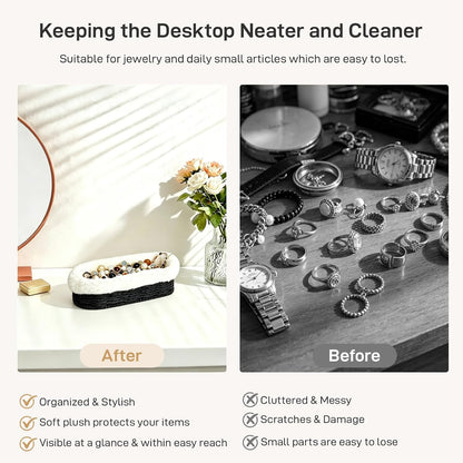 Glasses Holder, Paper Rope Plush Lined Eyeglass Holder Stand, Jewelry Key Tray Storage Organizer for Nightstand, Desk