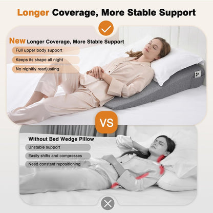 Vekkia 34" Extra-Long Wedge Pillow,7.5" Bed Wedge Pillow for Sleeping,White | Pillow Wedge Back Support for After Surgery, Idea for Acid Reflux,Snoring Relief,Removable Washable Cover&Double Side Pockets
