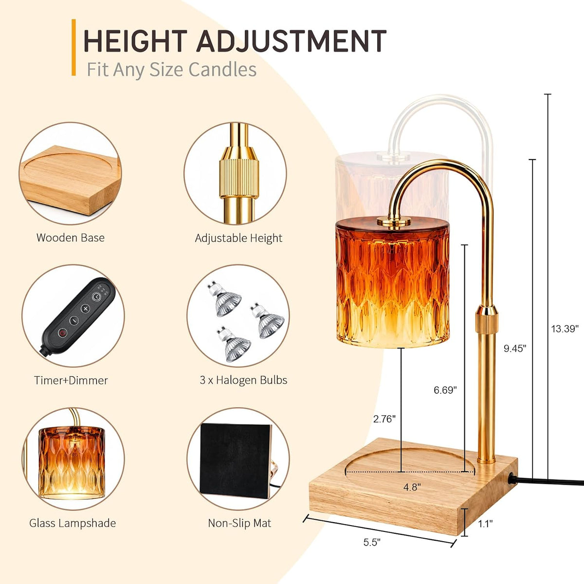 Candle Warmer Lamp with 3 Bulbs, Adjustable Height Dimmable Candle Warmer with Timer, Candle Lamp with Charming Gift Box Ribbon,Birthday Gifts for Women Mom, House Warming Gifts New Home Decor