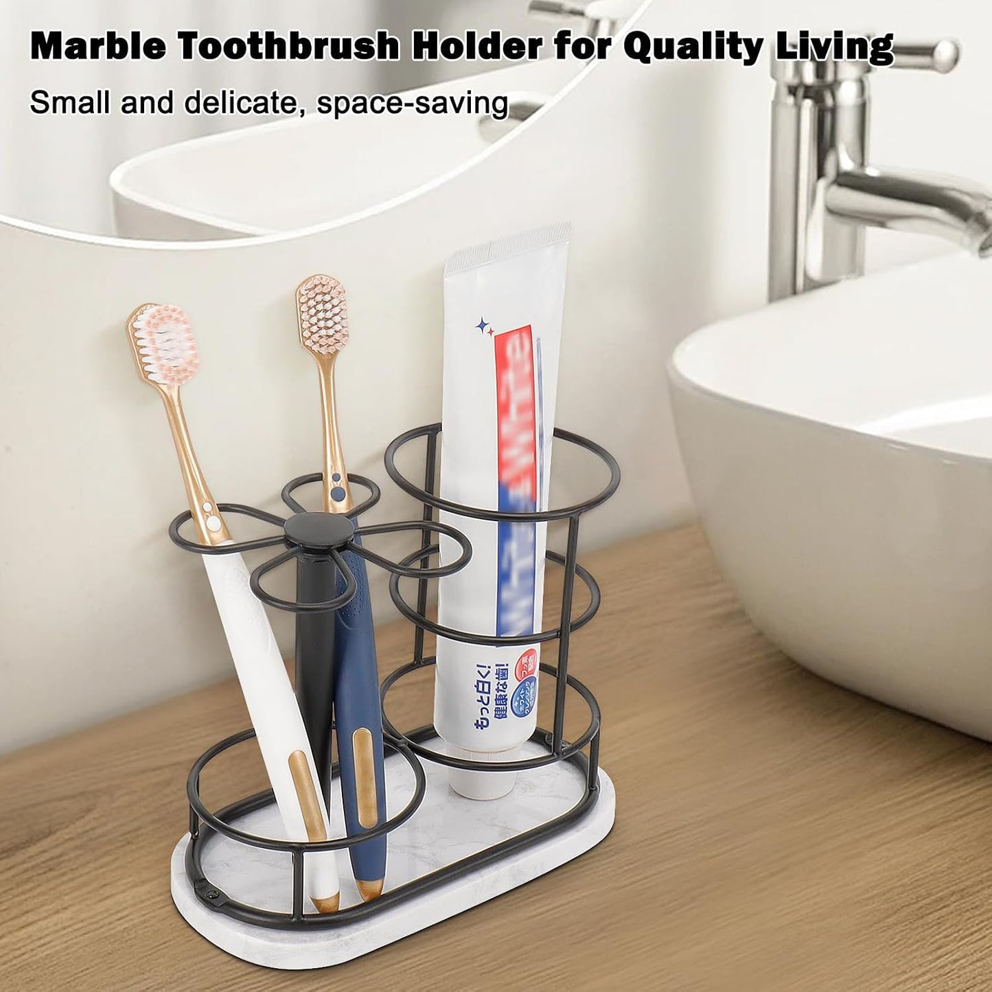 Toothbrush Holder Stand for Bathroom, Metal Toothbrush Organizer with Marble Base, Toothbrush Storage Collection for Family, Suitable for Home Hotel Countertop Vanity (Small, Matte Black)