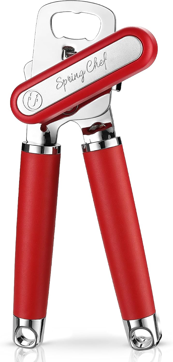 Spring Chef Stainless Steel Manual Can Opener with Soft Grip Handles, Black | Heavy Duty Hand Can Opener for Seniors with Smooth Edge, Easy Turn, 3in1 Can Opener with Magnetic Lid Remover & Bottle Opener