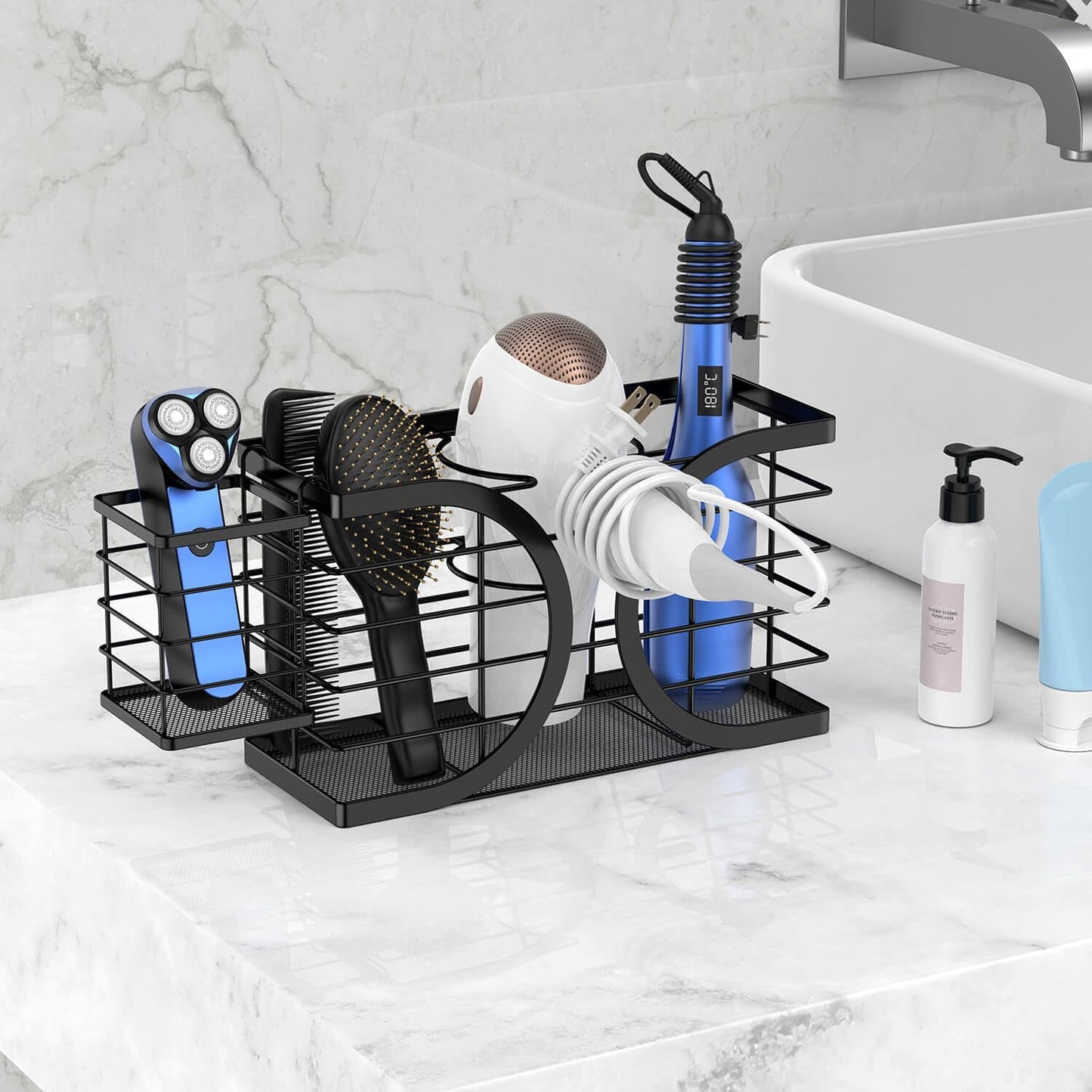 Hair Dryer Holder 3 in 1 Hair Tool Organizer - Blow Dryer Holder | Djustable Height Wall Mounted/Cabinet Door Bathroom Organizer Under Sink for Hair Dryer, Flat Irons, Curling Wands