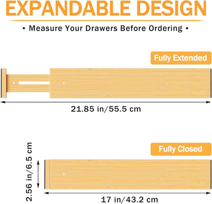 Bamboo Drawer Dividers Organizers, 2.56" High, 17"-21.8" Adjustable, 4 Pack | Expandable Separators, Great for Utensils, Kitchen, Bedroom, Dresser and Office Storage