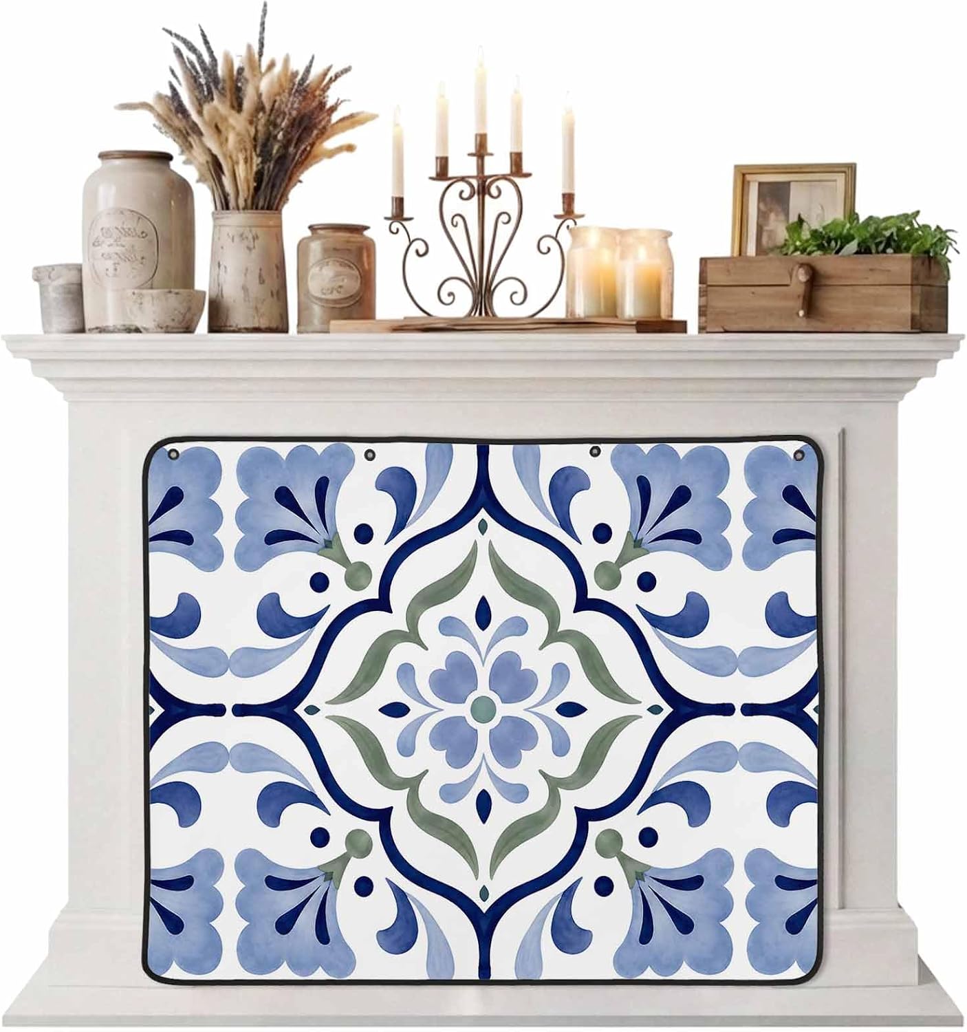 Magnetic Fireplace Cover Bird Branches Fireplace Screen Decorative Green Leaves Frame Insulation Fireplace Blocker Blanket Save Energy Fireplace Draft Stopper Covers for Living Room 45x34 Inch