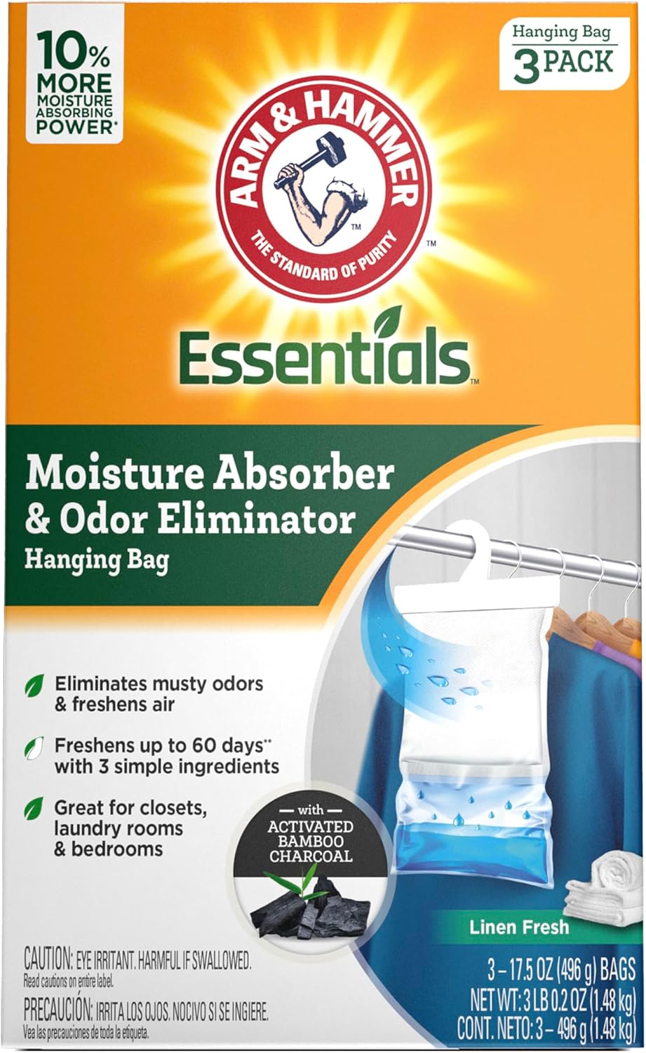 Arm & Hammer Essentials Hanging Moisture Absorber and Odor Eliminator, 17.5 oz., 3 Pack, Linen Fresh, Moisture Absorbers for Closets, Laundry Rooms and Bedrooms, Long-Lasting Freshness