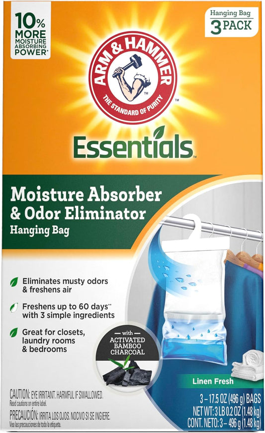 Arm & Hammer Essentials Hanging Moisture Absorber and Odor Eliminator, 17.5 oz., 3 Pack, Linen Fresh, Moisture Absorbers for Closets, Laundry Rooms and Bedrooms, Long-Lasting Freshness