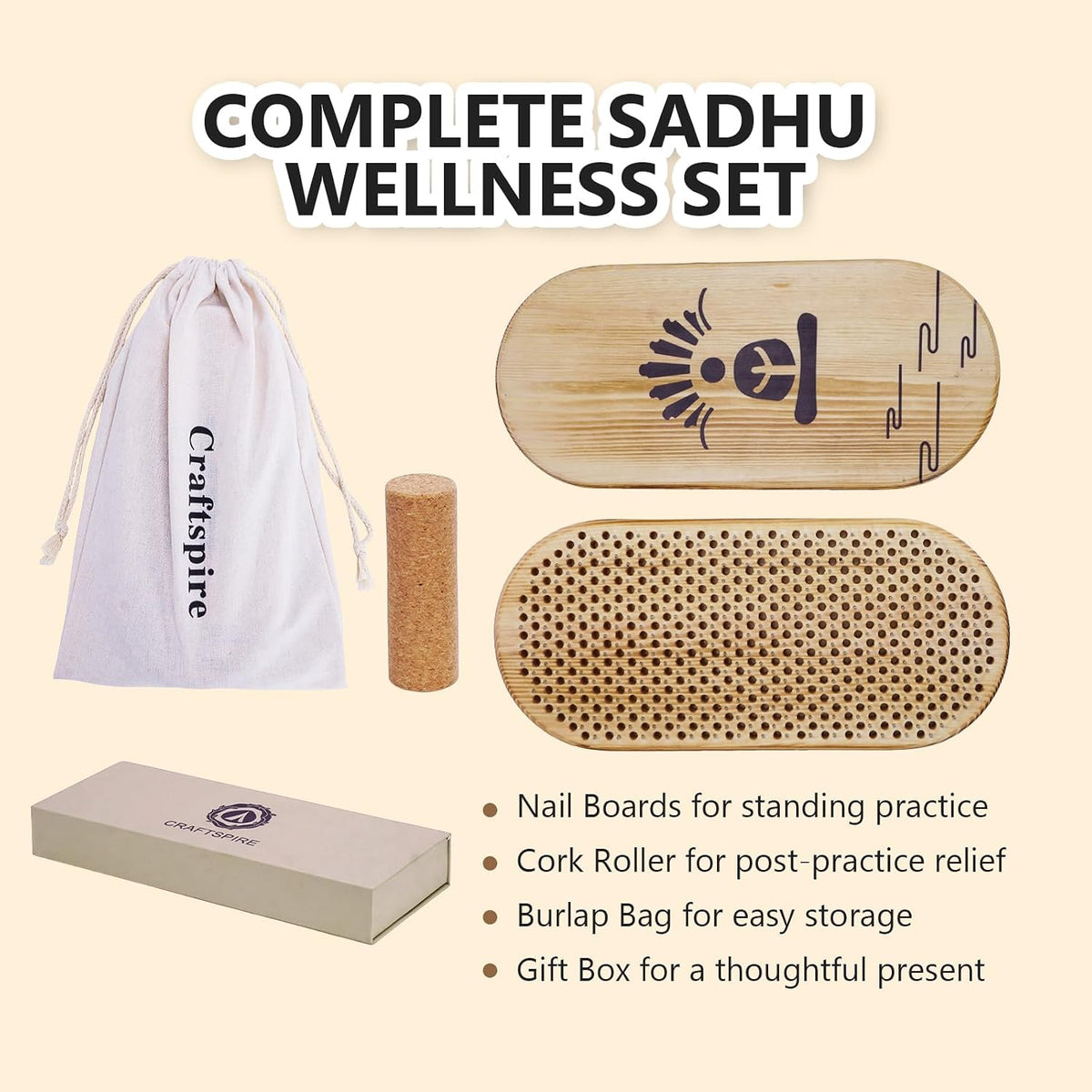 Sadhu Board Set, Wooden Board with 10mm Nail Spacing & Galvanized Nails, Acupuncture Foot Massage Tool for Standing, Yoga, Mindfulness & Meditation, Gift Box, Storage Bag & Cork Roller