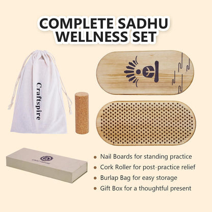 Sadhu Board Set, Wooden Board with 10mm Nail Spacing & Galvanized Nails, Acupuncture Foot Massage Tool for Standing, Yoga, Mindfulness & Meditation, Gift Box, Storage Bag & Cork Roller