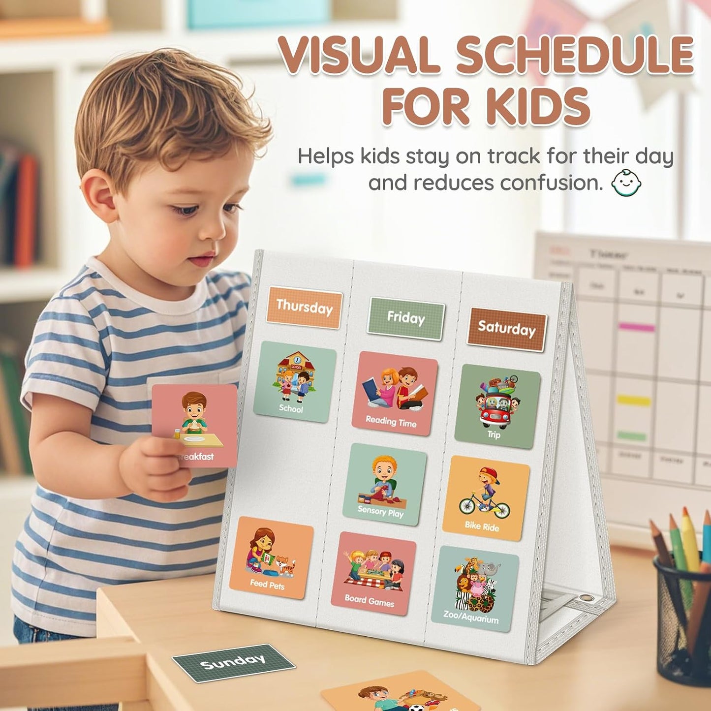 Large Visual Schedule for Kids Chore Reward Chart,Bedtime Routine Chart for Toddlers,Double Side Weekly Planner Board With 109 Cards for Home School Planner,Autism Learning Materials.