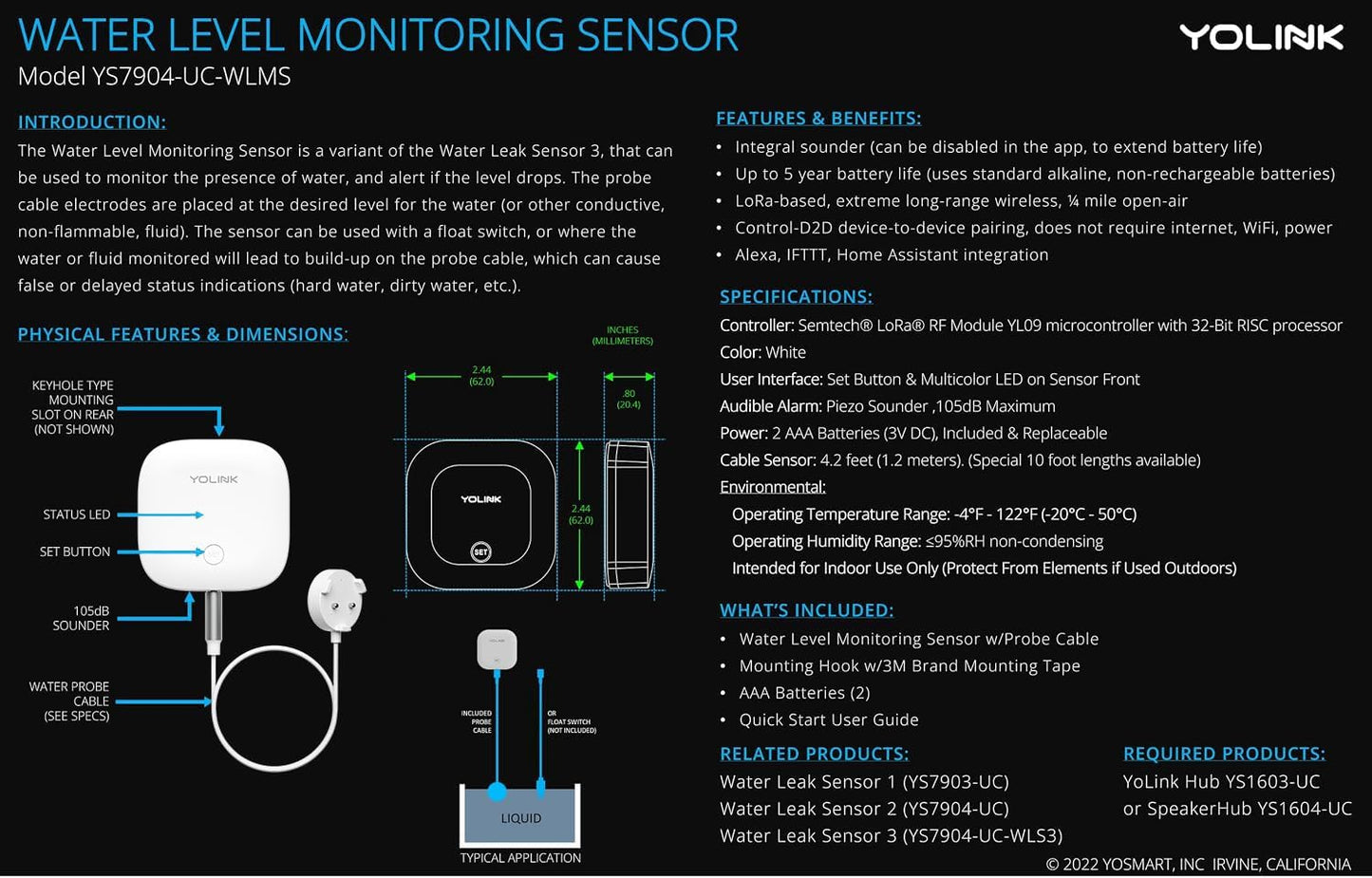 YoLink LoRa Smart Water Level Monitoring Sensor, Wireless Battery-Powered Float Switch Alarm, Sump Pump Alarm, AC Condensate Overflow, Tank Level, Toilet Leak Sensor, 105dB Siren, YoLink Hub Required