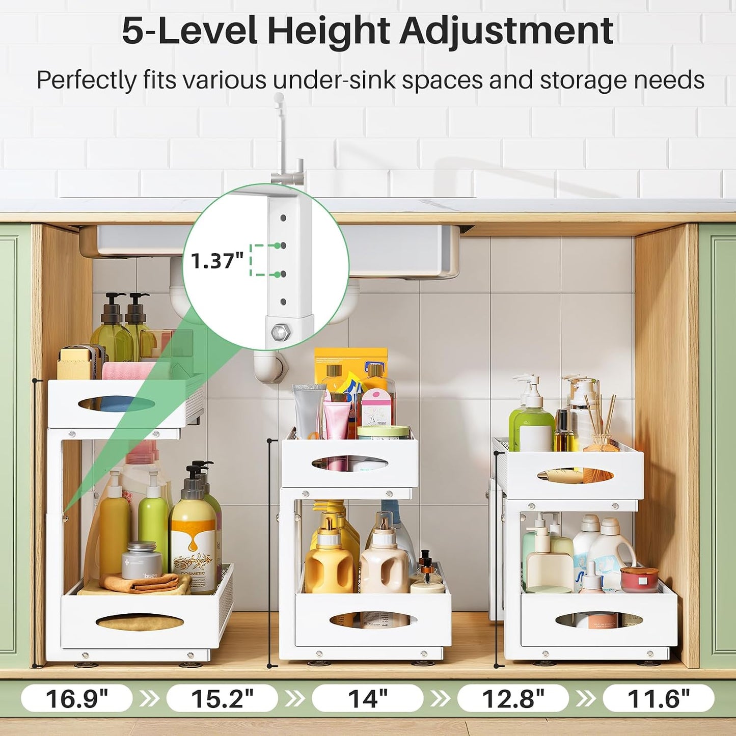 Under Sink Organizer, 2 Tier Pull out Cabinet Organizer Baskets with Mesh Sliding Drawers, Slide out Storage Shelf for Home, Kitchen, Bathroom, Pantry, Office Cabinet, Countertop(1 Pack)