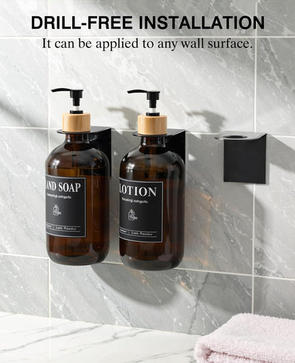 Luxspire 17oz Shampoo and Conditioner Dispenser 3 Sets for Bathroom, Black | Matte PET bottle, no-drill stainless bracket, detachable pump, dual wall/counter install with classification stickers