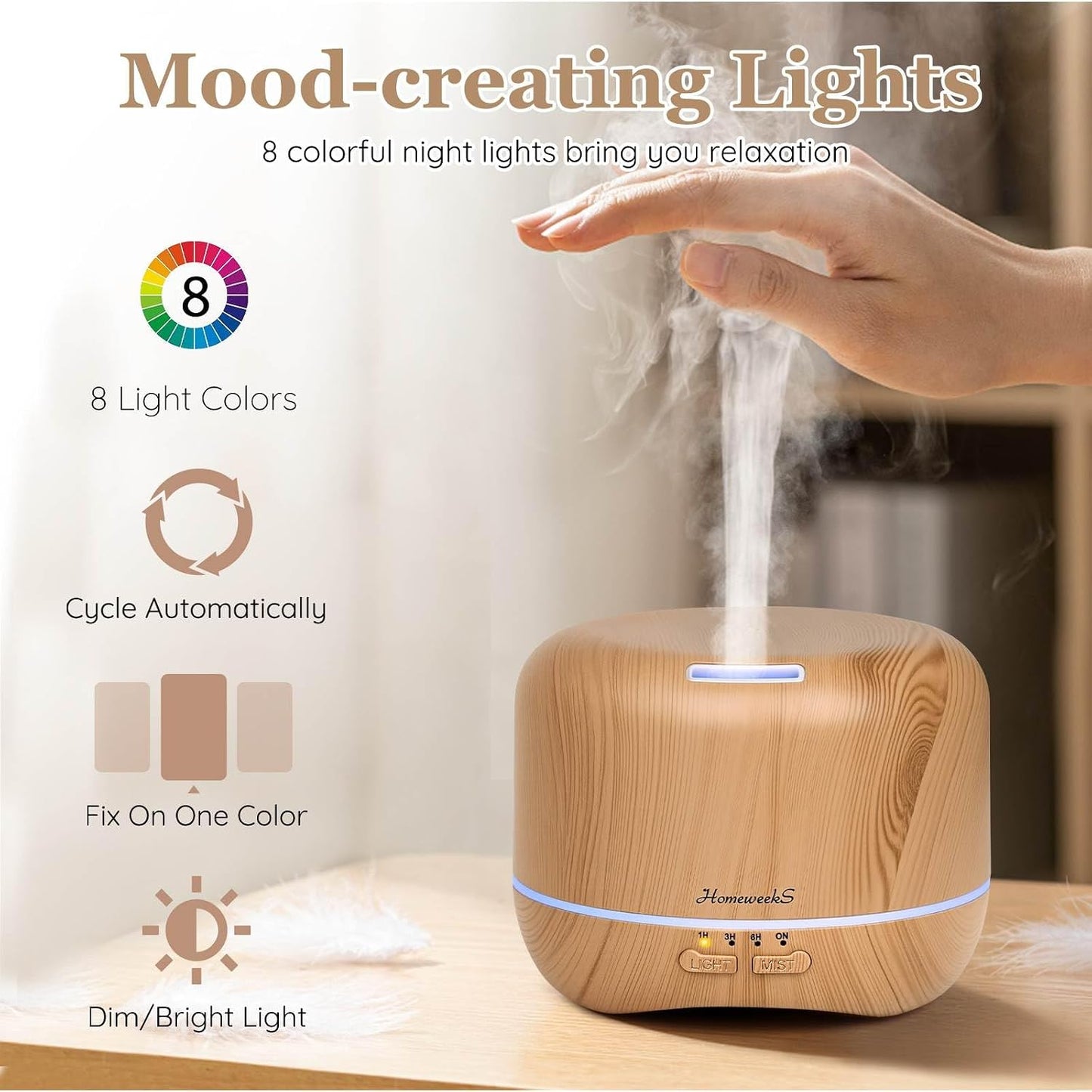 Homeweeks 300ml Essential Oil Diffuser, Quiet Aromatherapy Mist Diffusers for Essential Oils, Wood Grain, Ultrasonic, Remote Control, Timer, 7 Colors Light for Bedroom (300ml)